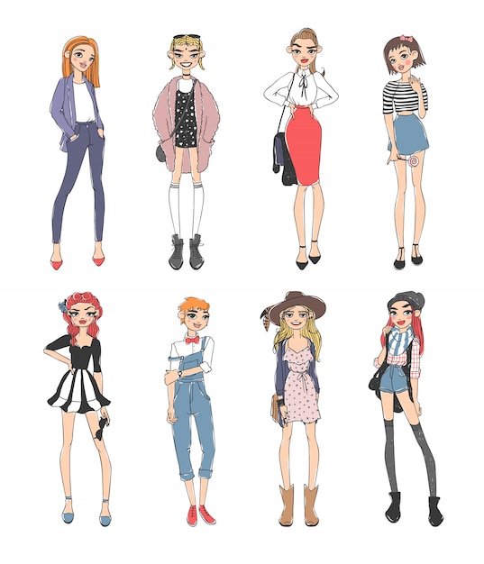 Forme a meninas que a beleza pura coloriu a ilustração lisa do esboço dos desenhos animados. Vetor Premium