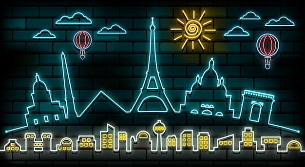 França e paris viagens e viagem de luz de néon fundo Vetor Premium