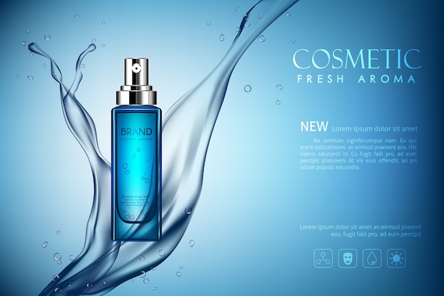 Frasco de spray de vetor aroma fresco cosméticos mock up com salpicos de água escura Vetor Premium