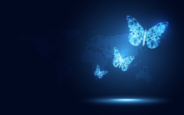 Fundo abstrato azul futurista da tecnologia da borboleta lowpoly. transformação digital de inteligência artificial e conceito de big data. Vetor Premium