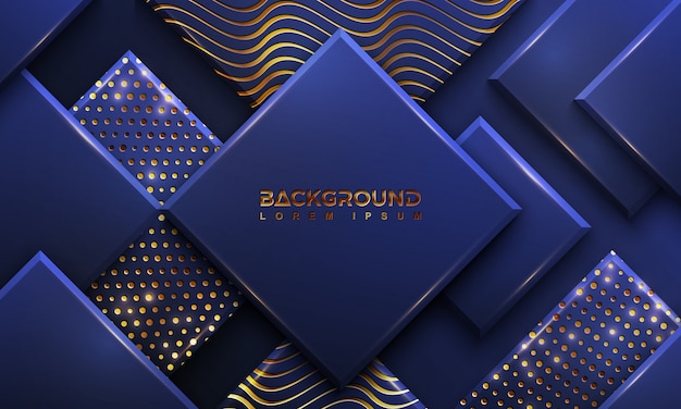 Fundo azul com uma combinação de pontos e linhas douradas brilhantes. Vetor Premium