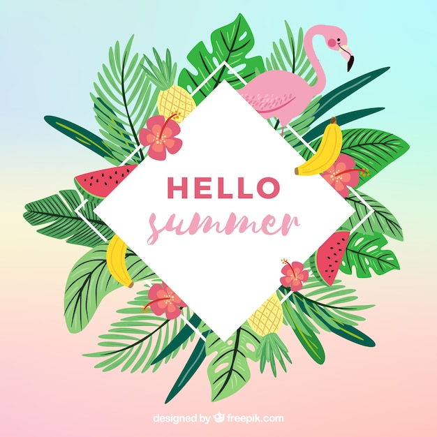 Fundo colorido verão com folhas e flamingo Vetor grátis