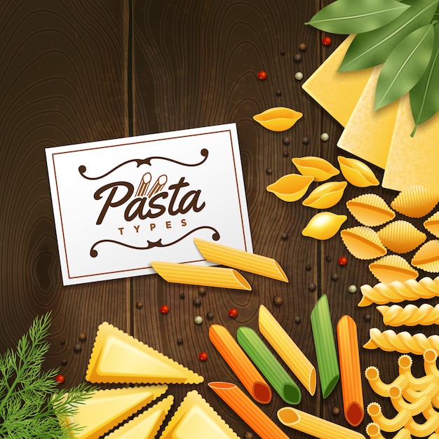 Fundo com diferentes tipos de macarrão com verde e especiarias na ilustração vetorial de mesa de madeira Vetor grátis