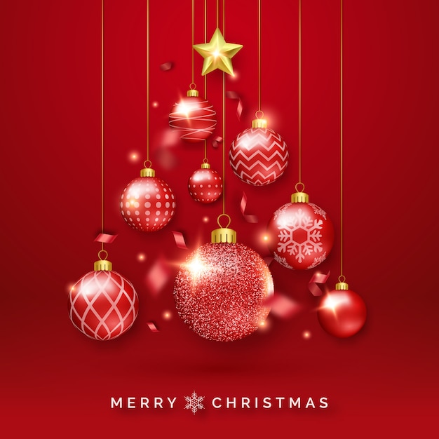 Fundo de árvore de natal com fitas brilhantes, estrelas e bolas coloridas Vetor Premium