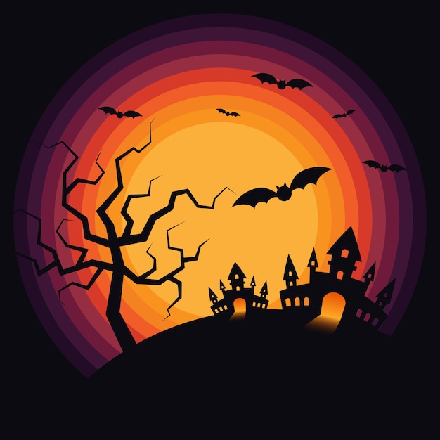 Fundo de cenário de noite de halloween decorativo com castelo e morcegos elemento de design