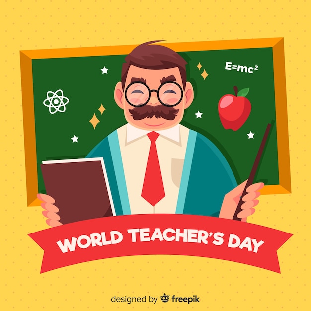 Fundo de dia feliz do professor mundial com professor e quadro-negro Vetor grátis