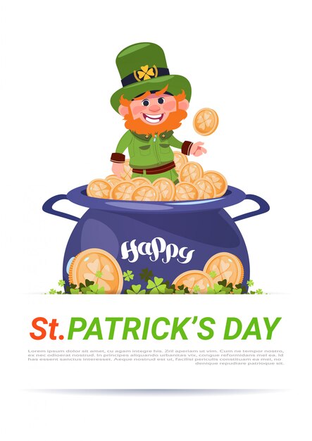 Fundo de dia feliz st patricks com bonito leprechaun sentado no pote com moedas de ouro Vetor Premium