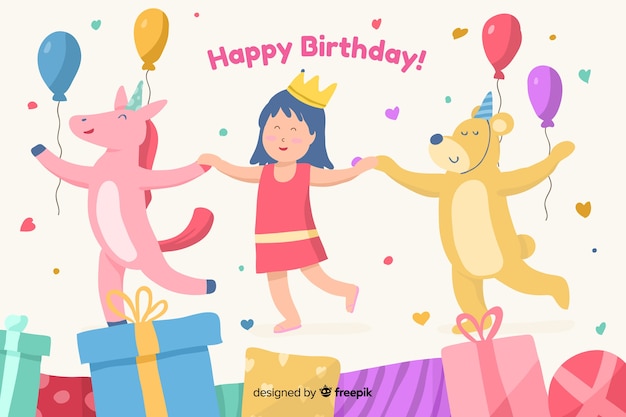 Fundo de feliz aniversário com ilustração bonitinha Vetor grátis