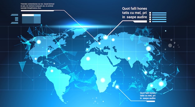 Fundo de mapa do mundo, conjunto de gráficos de modelo de computador elementos de infográfico do futurista de ícone Vetor Premium