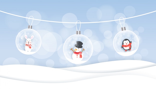 Fundo de natal com boneco de neve, coelho e pinguim no estilo de corte e artesanato de papel. Vetor Premium