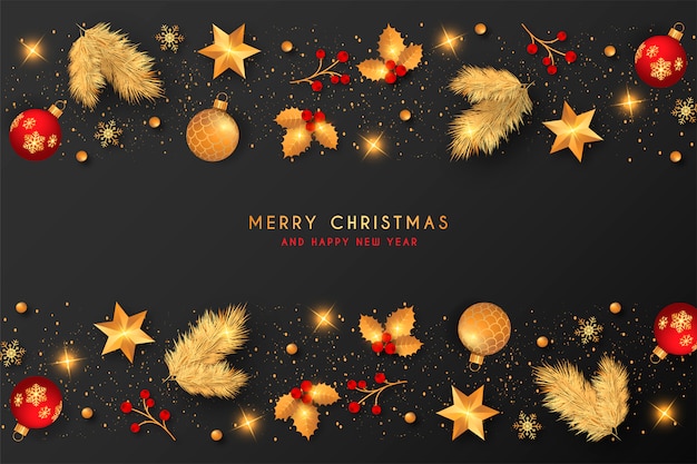 Fundo de natal com decoração dourada e vermelha Vetor grátis