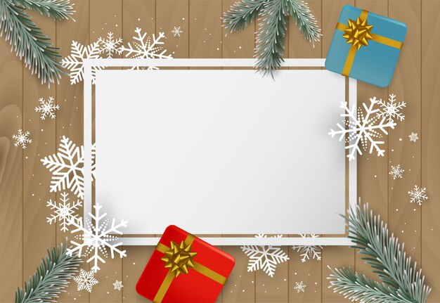 Fundo de natal com flocos de neve, presentes e galhos Vetor Premium