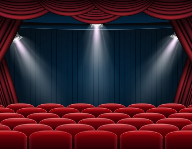 Fundo de palco teatro ou ópera de cortinas vermelhas premium com holofotes Vetor Premium