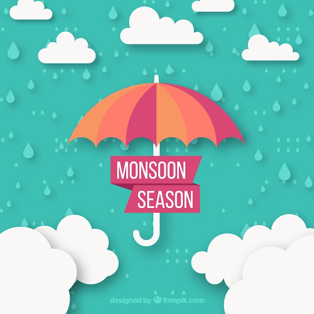Fundo de temporada de monções com nuvens e guarda-chuva Vetor grátis