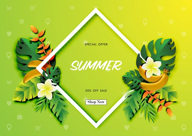 Fundo de venda de verão com arte de papel de design tropical Vetor Premium