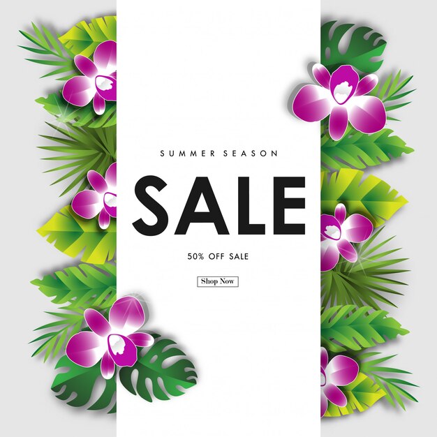 Fundo de venda de verão com vector design tropical Vetor Premium