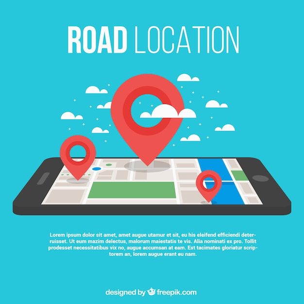 Fundo do mapa de estrada com um smartphone e três marcos Vetor grátis