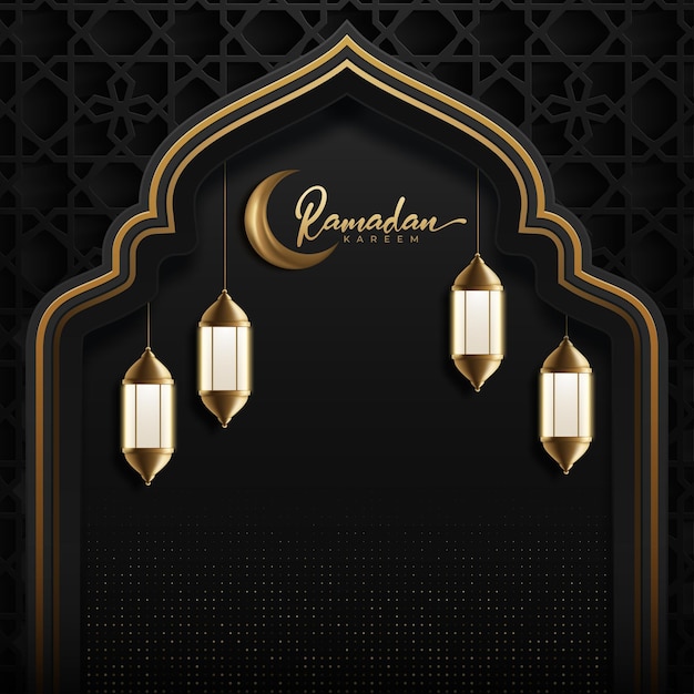 Fundo kareem do ramadã lua dourada e lanterna Vetor Premium