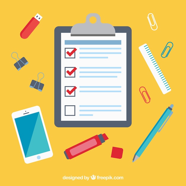 Fundo local de trabalho com lista de verificação e telemóvel Vetor grátis