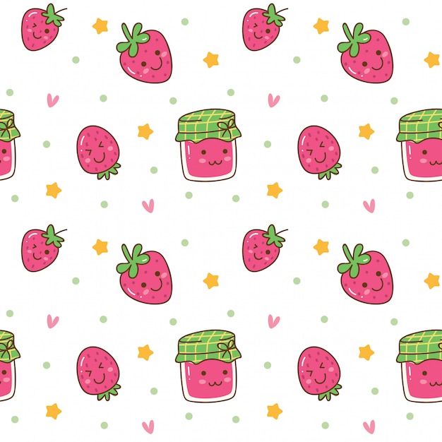 Fundo sem emenda de kawaii com geléia de morango Vetor Premium