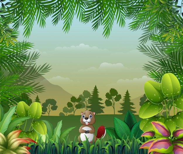 Fundo temático de selva com um castor Vetor Premium