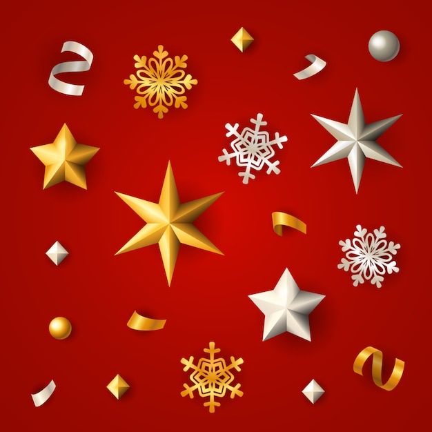 Fundo vermelho de natal com estrelas, flocos de neve e confetes Vetor grátis