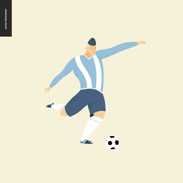 Futebol europeu, jogador de futebol - ilustração do vetor plana de um jovem vestindo equipamento de jogador de futebol europeu, chutando uma bola de futebol Vetor Premium
