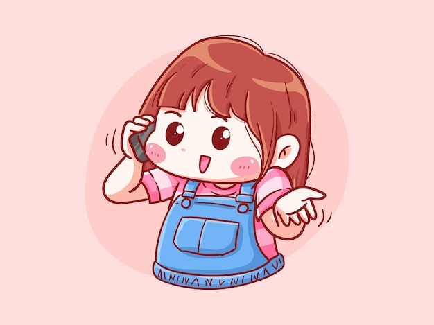 Garota Fofa E Kawaii Falando Ao Telefone Manga Chibi Vetor Premium