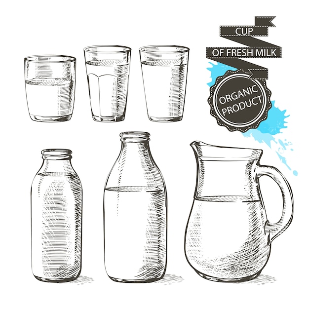 Garrafas e frascos com produtos lácteos frescos podem recipiente para leite isolado no fundo branco Vetor Premium