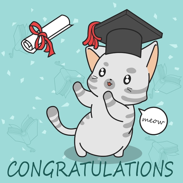 Gato bonito da graduação no estilo dos desenhos animados. Vetor Premium
