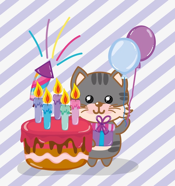 Gato Feliz Aniversário Vetor Premium 