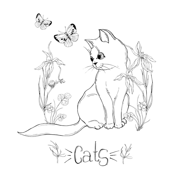 Gato gráfico com flores silvestres com insetos Vetor Premium