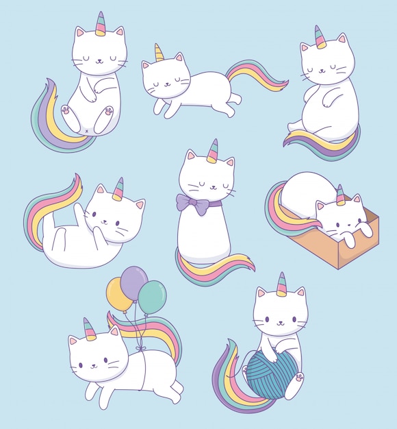 Gatos bonitos com caudas de arco-íris kawaii caracteres Vetor Premium