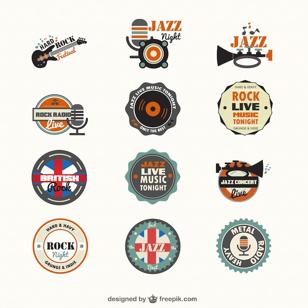 Gêneros de música emblemas gratuitos | Vetor Grátis Vintage Music Logos