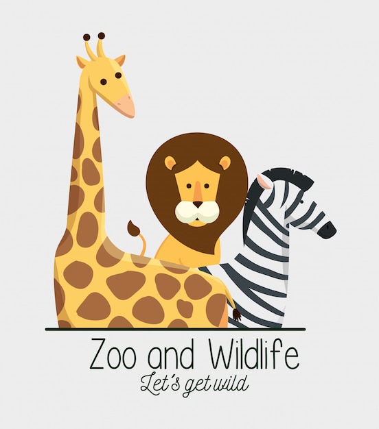 Girafa com animais leão e zebra na reserva do safari Vetor grátis
