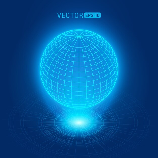 Globo holográfico contra o fundo abstrato azul com círculos e fonte de luz Vetor Premium