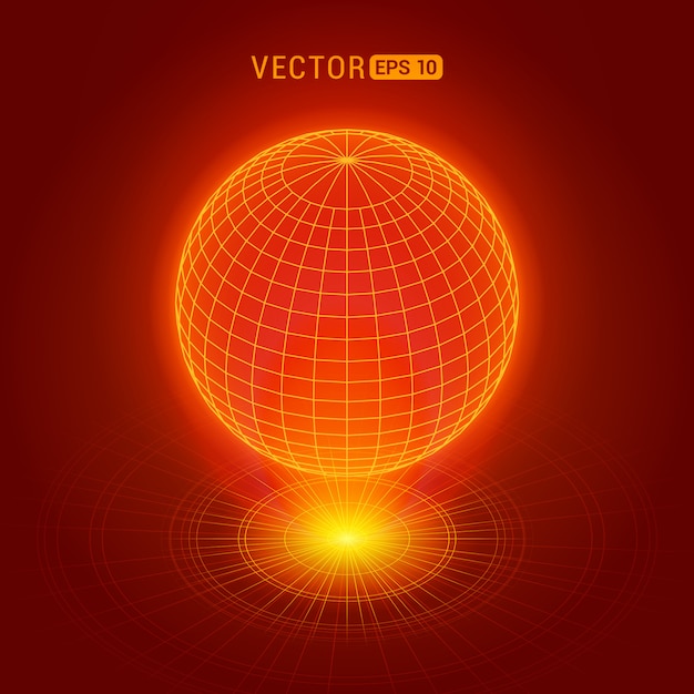Globo holográfico contra o fundo abstrato vermelho com círculos e fonte de luz Vetor Premium