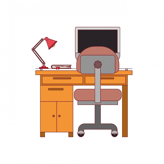 Gráfico colorido da mesa para casa com cadeira e lâmpada e computador desktop com contorno de linha vermelha escura Vetor Premium
