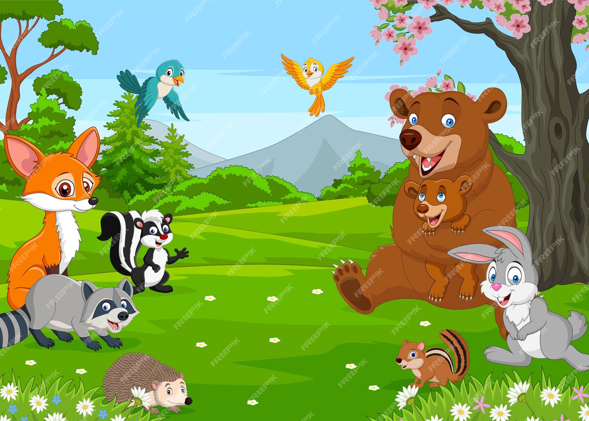 Grupo de desenhos animados de animais felizes na selva | Vetor Premium