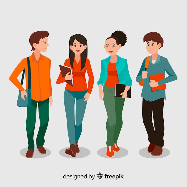 Grupo de estudantes felizes com design plano Vetor grátis