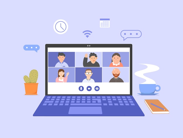 Grupo De Pessoas Reuniao On Line Teleconferencia Na Ilustracao Da Tela Do Computador Vetor Premium