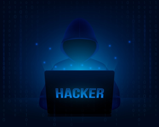 Hacker com capuz em um laptop. Vetor Premium