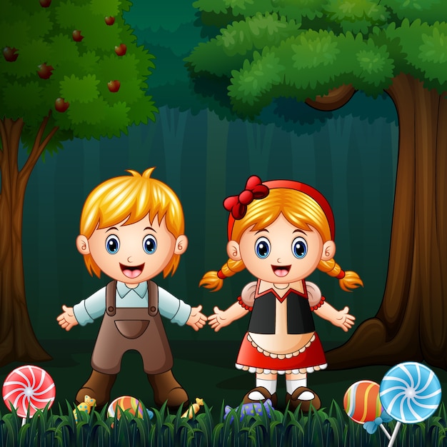 Hansel e gretel na floresta | Vetor Premium