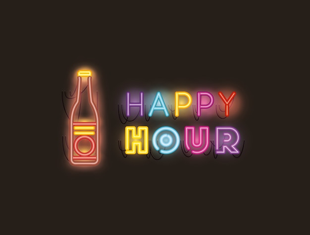 Happy hour com fontes de garrafa de cerveja luzes de néon Vetor Premium