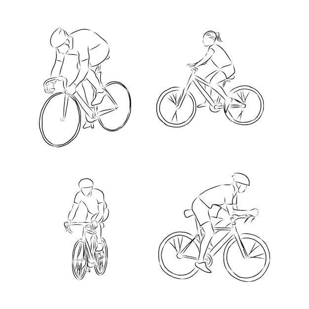 Homem ciclista com bicicleta isolada no fundo ilustração vetorial esboço desenhado à mão Vetor