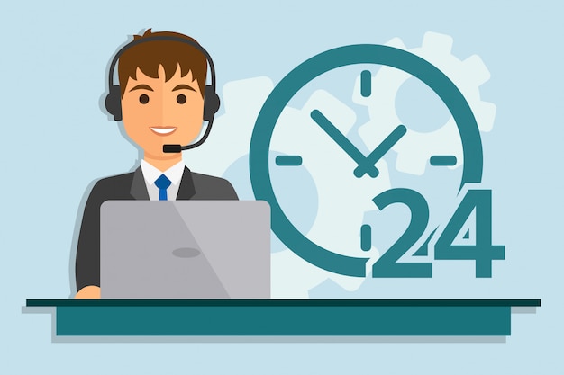 Homem, com, computador, desgastar, headsets Vetor Premium