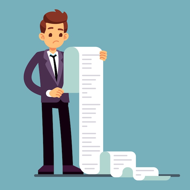 Homem de negócios ou advogado masculino que lê a lista de papel longa. Vetor Premium