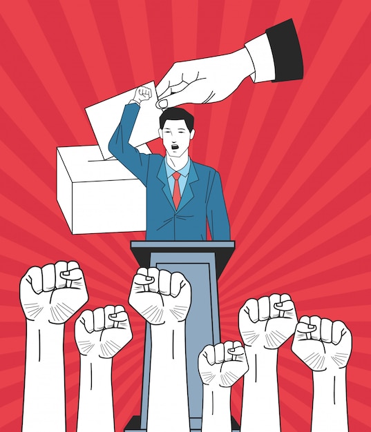 Homem, fazendo um discurso, com, levantado, punhos, mãos, e, votando Vetor Premium