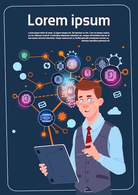 Homem negócios, segurando, apresentação, levantar, sobre, tela digital, com, gráficos, e, gráfico, infográficos, negócio Vetor Premium