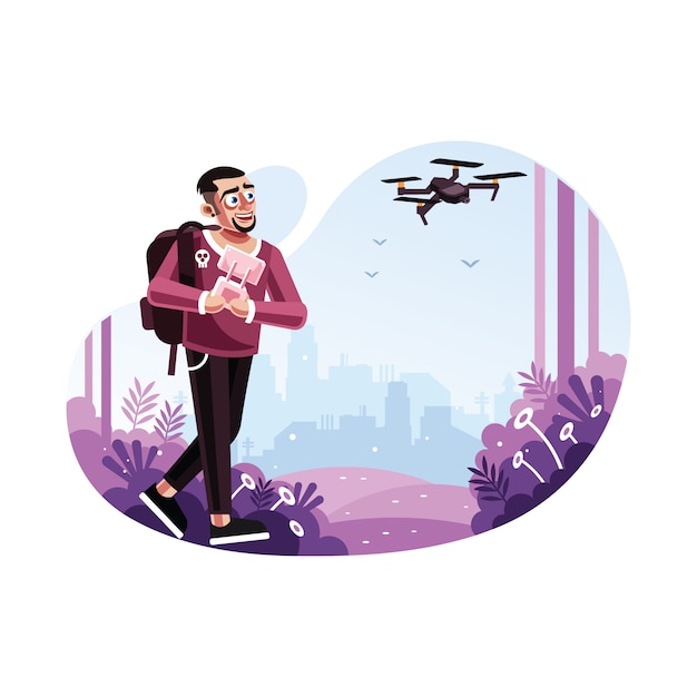 Homem, operando, um, drone, com, controle remoto Vetor Premium